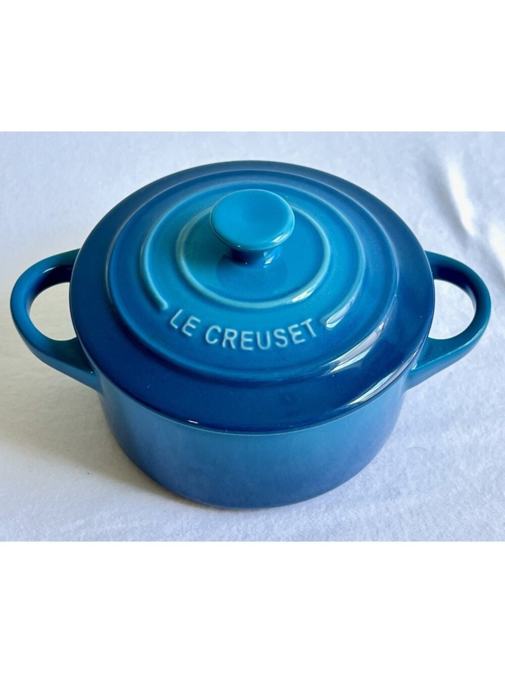 Le Creuset Mini Round Casserole Baker Marseille Blue Stoneware & Lid 8oz Cocotte